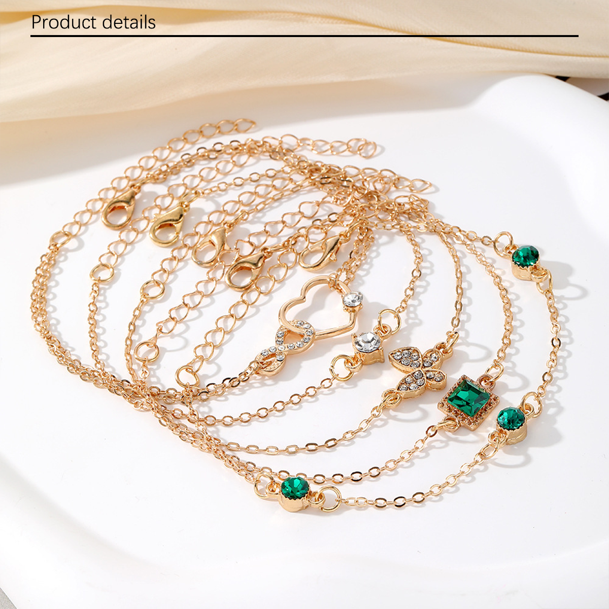 1 set of 5 retro fashion trend square green diamond inlaid women's bracelets, with diamond butterfly and heart-shaped pendant, suitable for daily life, travel and office
