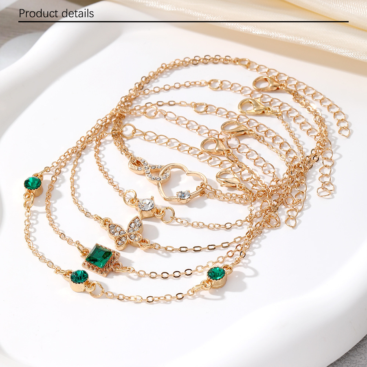 1 set of 5 retro fashion trend square green diamond inlaid women's bracelets, with diamond butterfly and heart-shaped pendant, suitable for daily life, travel and office