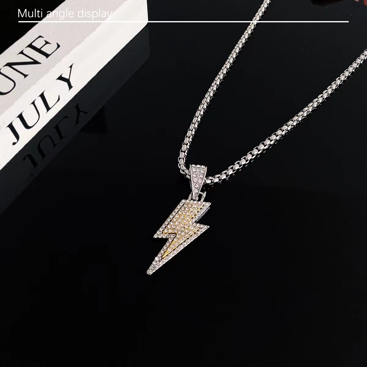 2024 new item 1 pc full diamond lightning men's necklace women's light luxury niche design sense hip-hop style titanium steel lock chain
