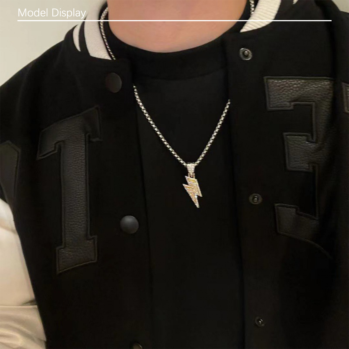 2024 new item 1 pc full diamond lightning men's necklace women's light luxury niche design sense hip-hop style titanium steel lock chain