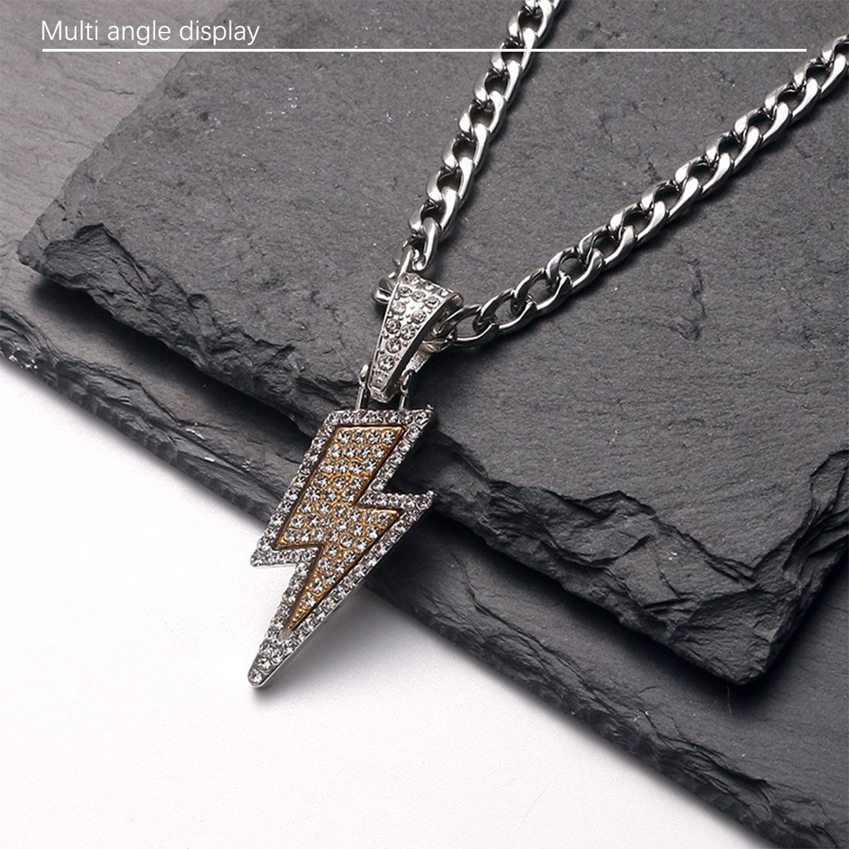 2024 new item 1 pc full diamond lightning men's necklace women's light luxury niche design sense hip-hop style titanium steel lock chain