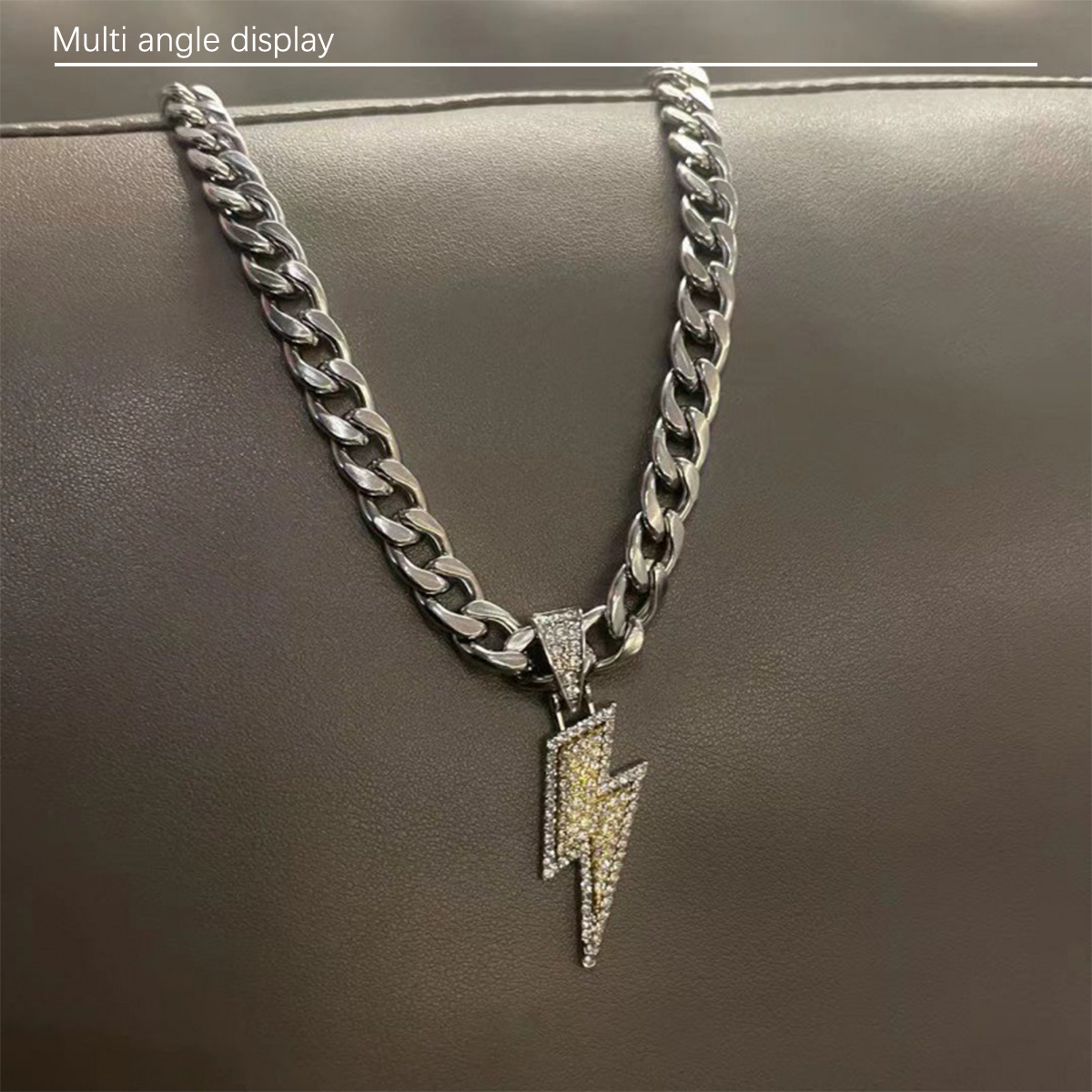 2024 new item 1 pc full diamond lightning men's necklace women's light luxury niche design sense hip-hop style titanium steel lock chain