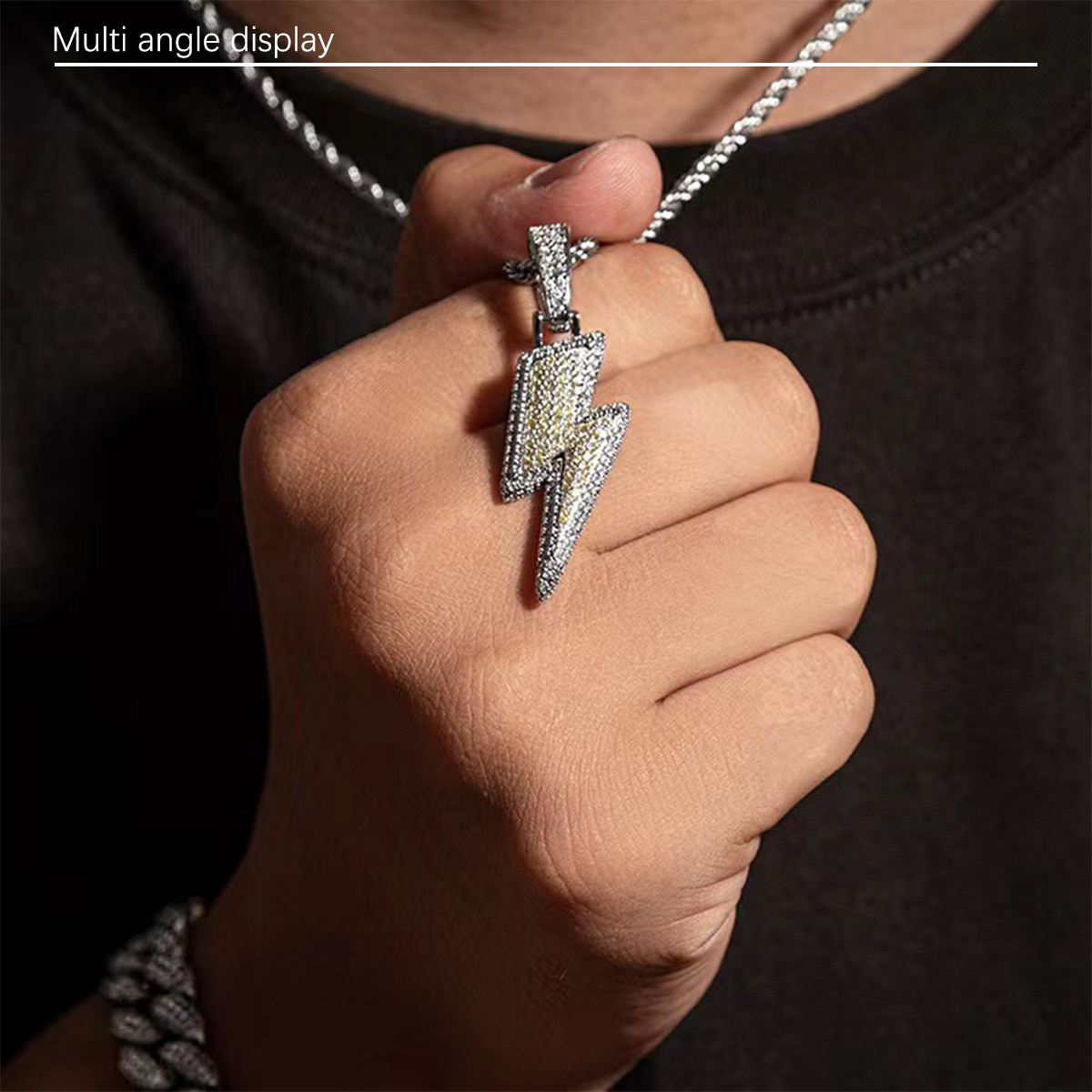 2024 new item 1 pc full diamond lightning men's necklace women's light luxury niche design sense hip-hop style titanium steel lock chain