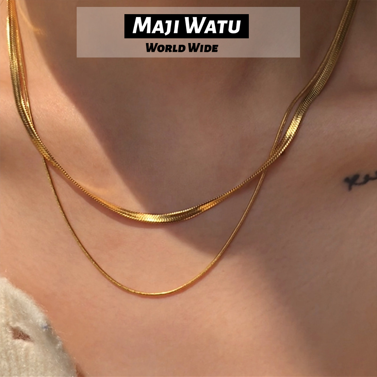 1pc European and American double-layer stacked snake bone chain necklace for women, with a high-end feel and a light luxury niche retro gold necklace