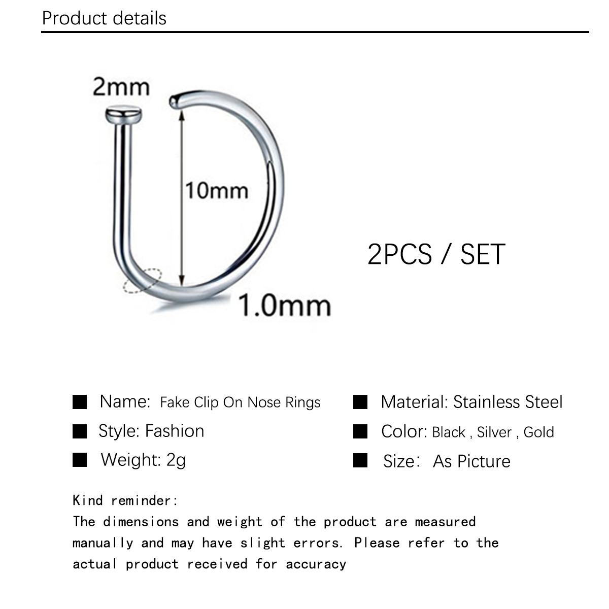 Set of 2 Fake Clip On Nose Rings - Tone Tiny Faux Piercing Hoops - No Piercing Needed