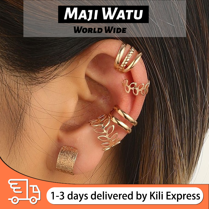 5 PCS/ 1SET Retro C-shaped Earclip Set of Five Pieces with No Ear Holes, Multi layered Hollow Leaf Earstuds, Personalized Earrings