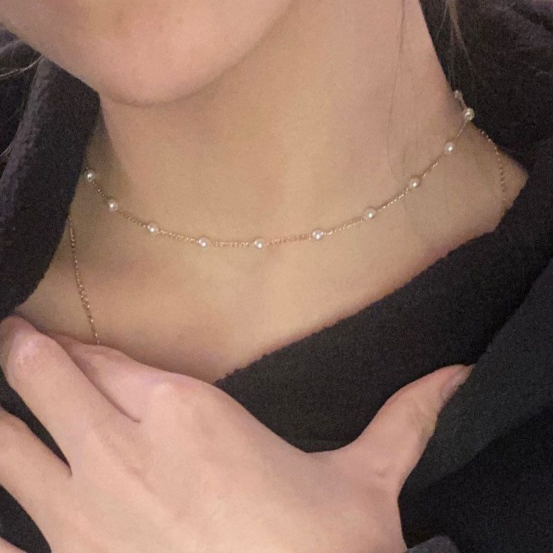 1pc women's gold necklace, fashionable and light luxury versatile clavicle chain neck chain jewelry, simple pearl chain necklace jewelry set, suitable as a gift for women.