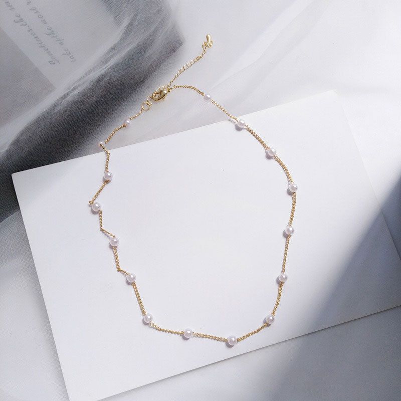 1pc women's gold necklace, fashionable and light luxury versatile clavicle chain neck chain jewelry, simple pearl chain necklace jewelry set, suitable as a gift for women.