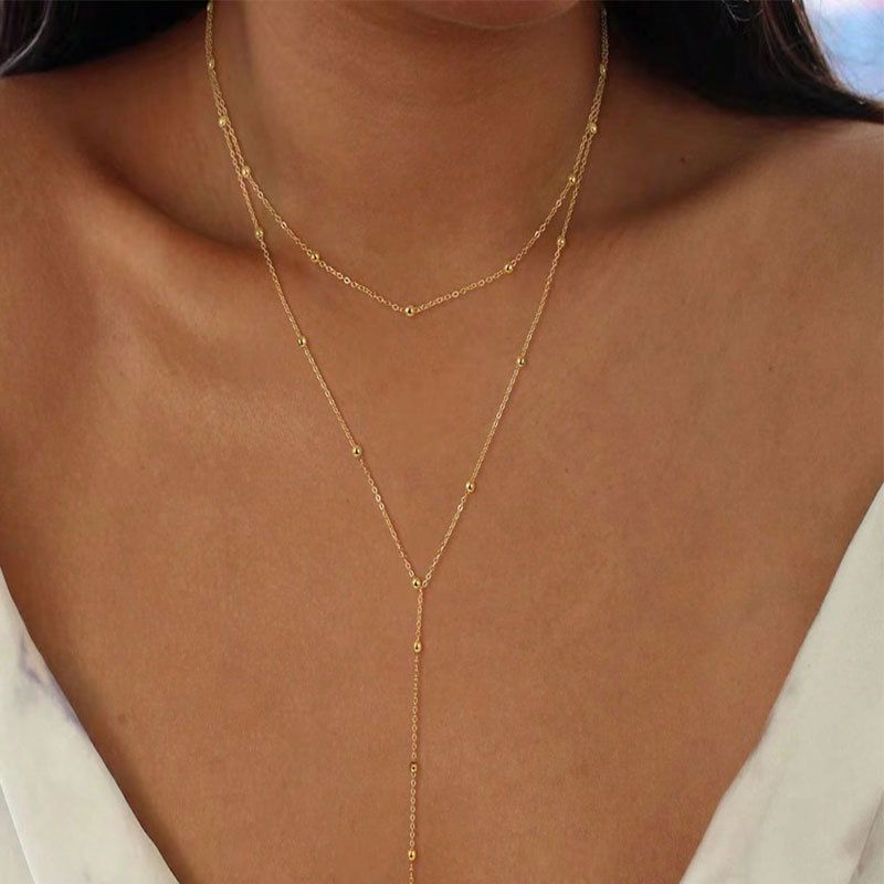 1pc Gold Necklace for Women, Dainty Long Necklace Gold Plated/Silver Y-Shaped Pendant Necklace Trendy Layered Cz Beaded Chain Drop Necklaces Simple Gold Jewelry For Women Gift
