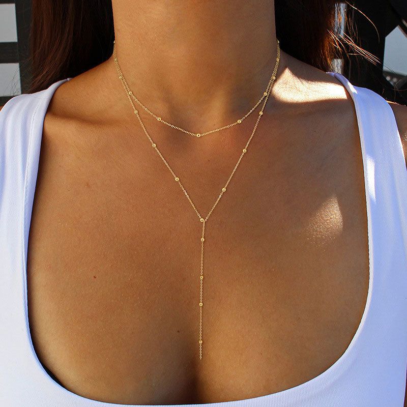 1pc Gold Necklace for Women, Dainty Long Necklace Gold Plated/Silver Y-Shaped Pendant Necklace Trendy Layered Cz Beaded Chain Drop Necklaces Simple Gold Jewelry For Women Gift