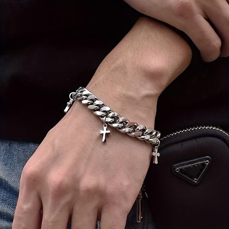 1pc men's bracelet personality fashion temperament simple bracelet versatile cold wind titanium steel cross hand ornament tide hip hop cool Korean version