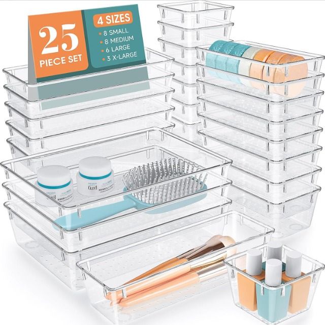 25 PC Clear Drawer organizer / fridge organizer,4 Sizes Clear Drawer Organizers & storage Bins
