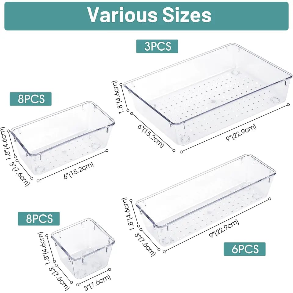 25 PC Clear Drawer organizer / fridge organizer,4 Sizes Clear Drawer Organizers & storage Bins