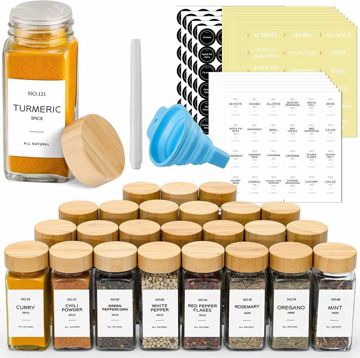 Affordable 29pcs SET GLASS STORAGE SPICE  JARS WITH BAMBOO LID, 24 STICKERS & WASHING  BRUSH