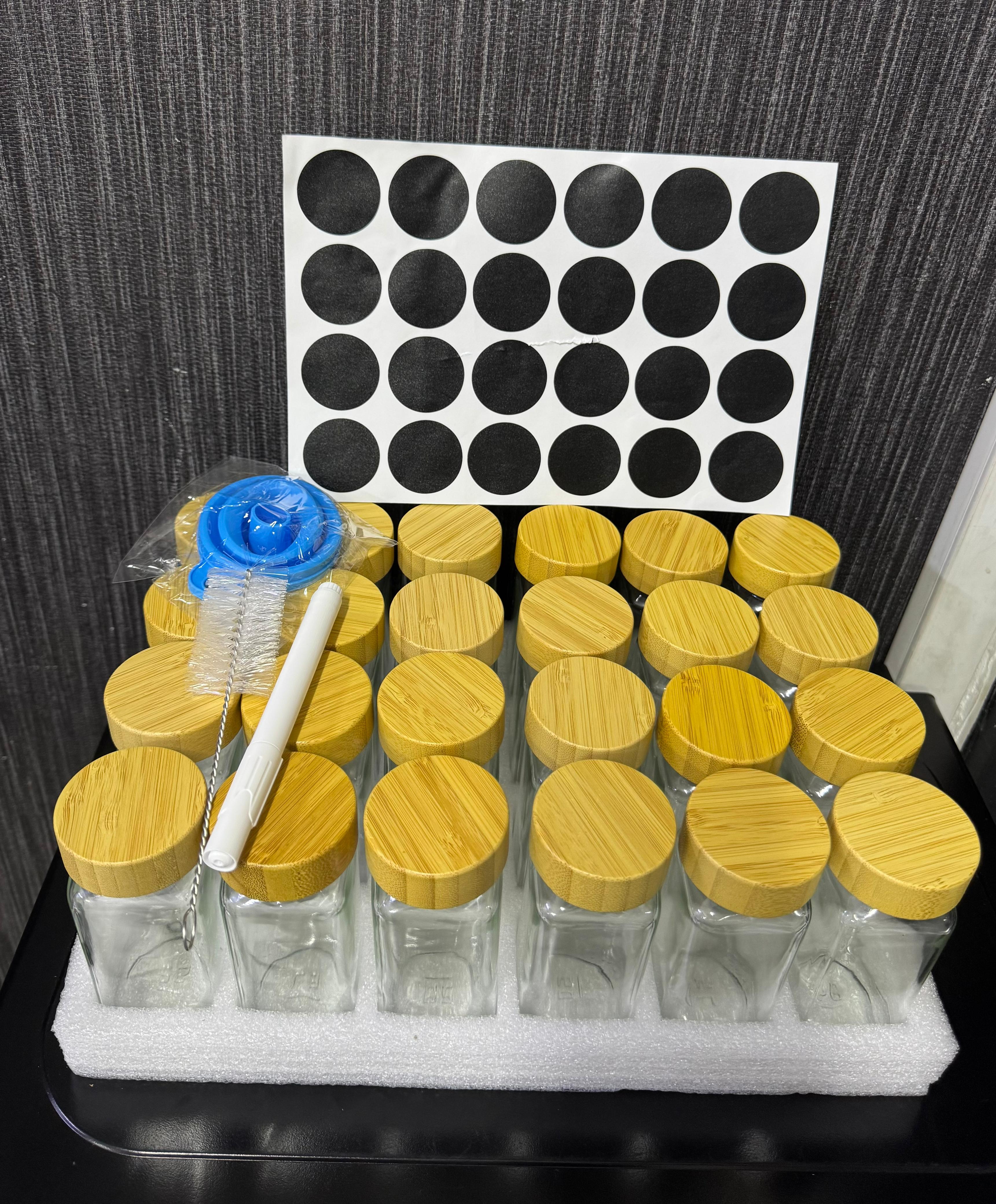 Affordable 29pcs SET GLASS STORAGE SPICE  JARS WITH BAMBOO LID, 24 STICKERS & WASHING  BRUSH
