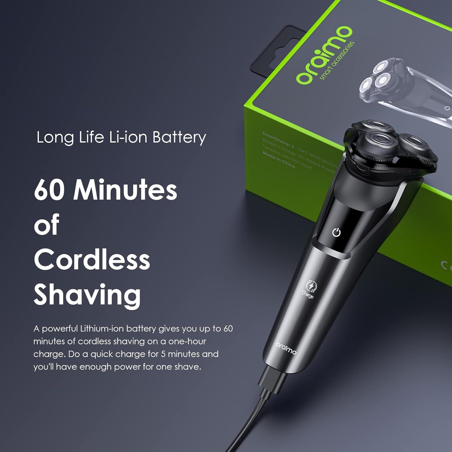 Oraimo SmartShaver 2 Premium Cordless Electric Shaver for men, Wet & Dry Electric Shaver with Pop-Up Trimmer, Super Fast Charge 60 minutes Runtime, Rechargable, 3 Head 360° Rotary Shaver for Men