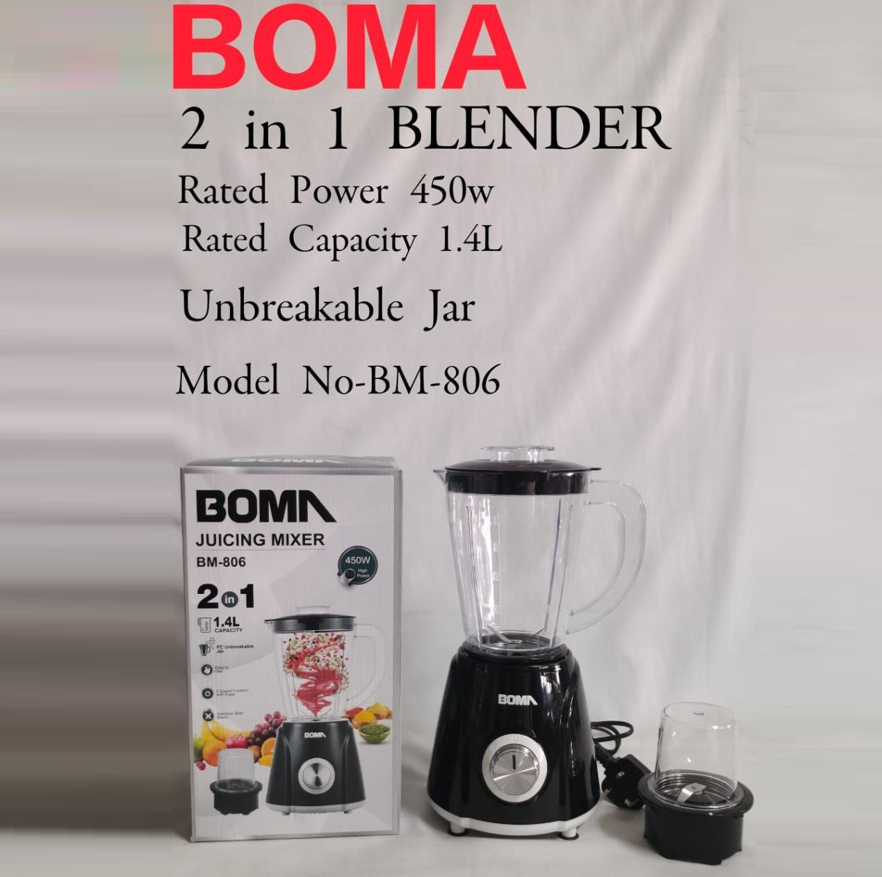 Boma Multifunctional Blender 1.4 Litres 2 in 1, 450W Power for Effortless Blending