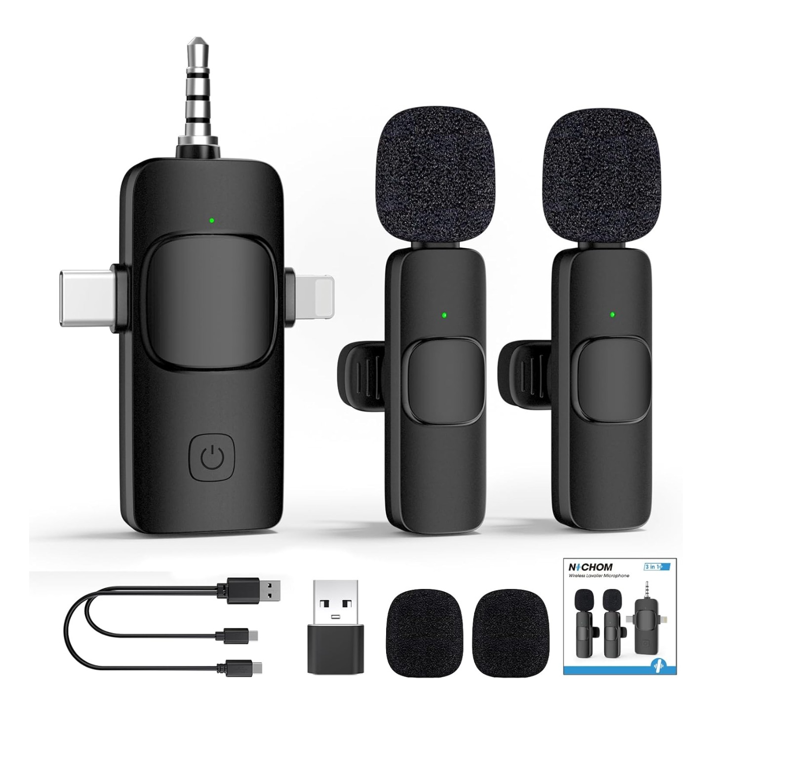 3 in 1 Wireless Microphone for iPhone, iPad, Android, Camera, Mini Microphones USB C, 12Hs Working Time, Lavalier Mic for Vlog, Podcast, TikTok, YouTube