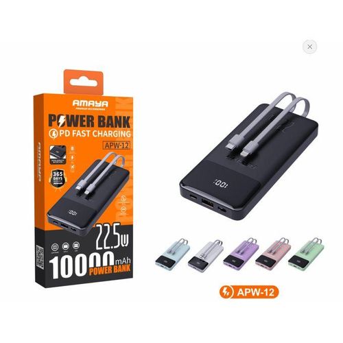 Amaya APW-12 UltraFast 10000mAh Powerbank – 22.5W Super Fast Charging Portable Charger With Dual Port & Dual Cables For Smartphones, Tablets, And More – Black