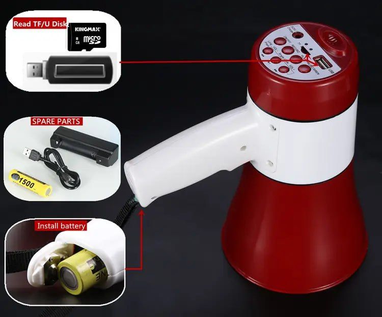 Audio Handheld Megaphone/Bullhorn/Loud Speaker with Rechargeable Battery with Charger - 30 Watts, Range 500 Meters, Memory Card Slot, Sound Recording, Siren