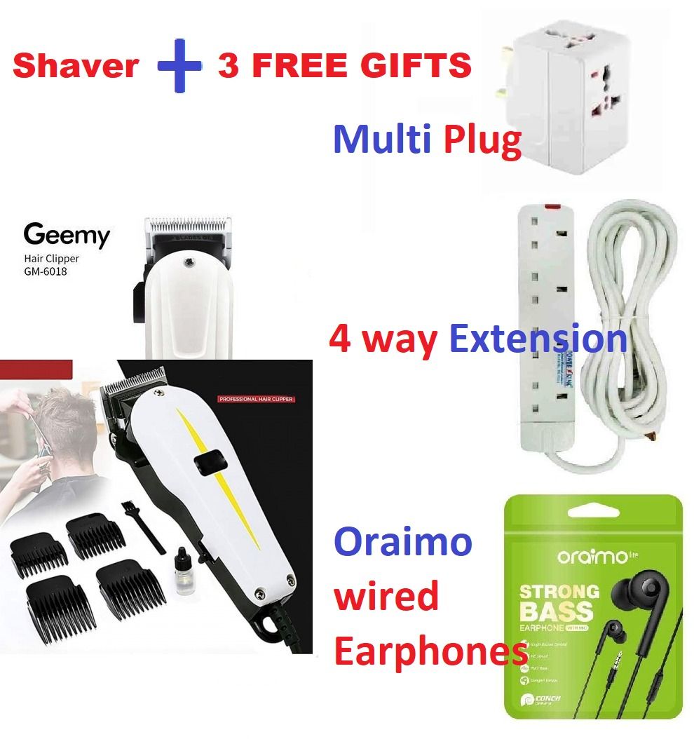 [3 GIFTS OFFERS] Geemy Shaving Machine / Shaving Machine-Kinyozi COMES WITH A FREE (Four Way Power Extension, Power Multy Plug AND ORAIMO Earphones)