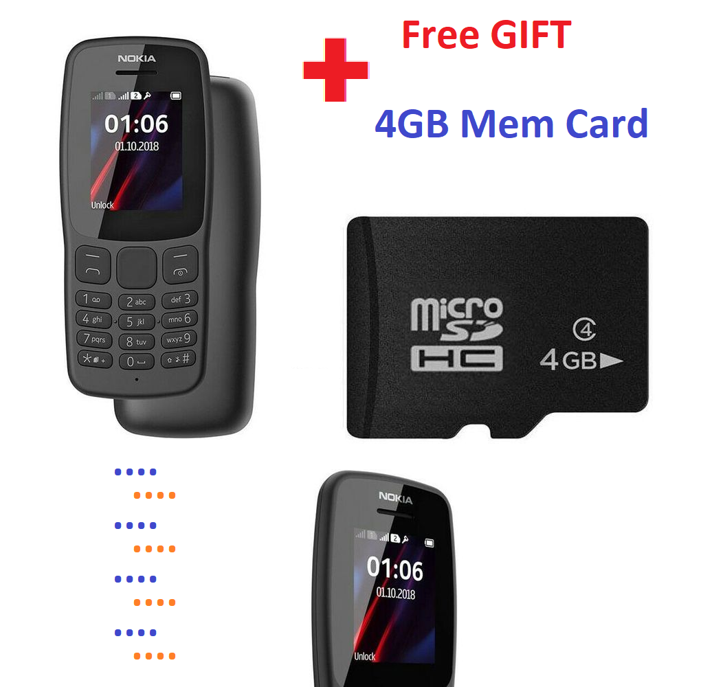 [ Free Gift ] 4GB Memory Card + Original Mobile Phone Nokia 105 / 106 Dual SIM Phones| 4MB Memory 1.77" Screen| FM Radio Long -Lasting Battery Black