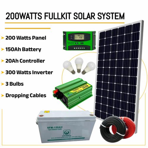 sunnypex 200 Watts Solar Panel Special All Weather Fullkit + 150AH Battery + 300Watts Solar Inverter + 20 Ah Charge Controller+3 bulbs + dropping cables