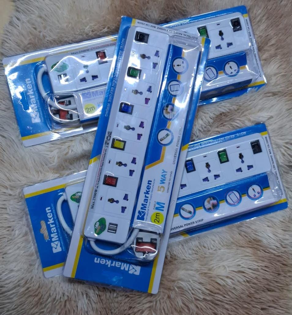 MARKEN 5 WAY QUALITY EXTENTIONS, LENGTH 2 METRES, USB INPUT AND OUTPUT, 13 A PLUG WITH FUSE