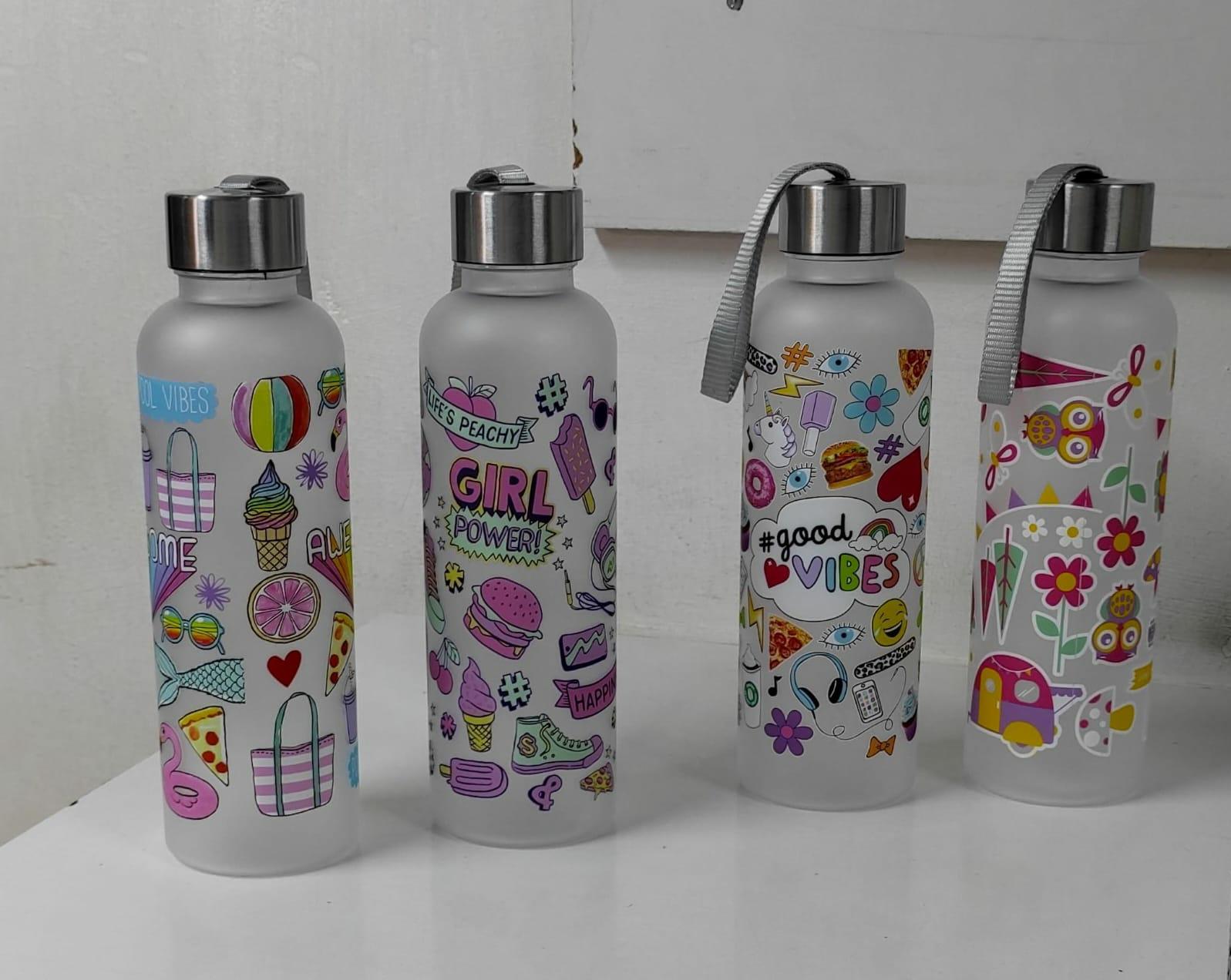Cute 600ml Frosted Patterned Water Bottle, Good Vibes Water Bottle, Kids Water Bottle