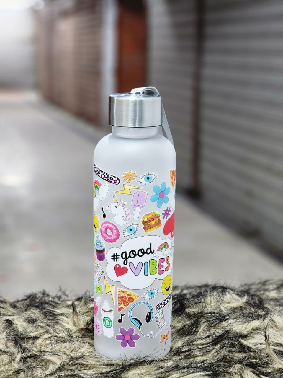 Cute 600ml Frosted Patterned Water Bottle, Good Vibes Water Bottle, Kids Water Bottle