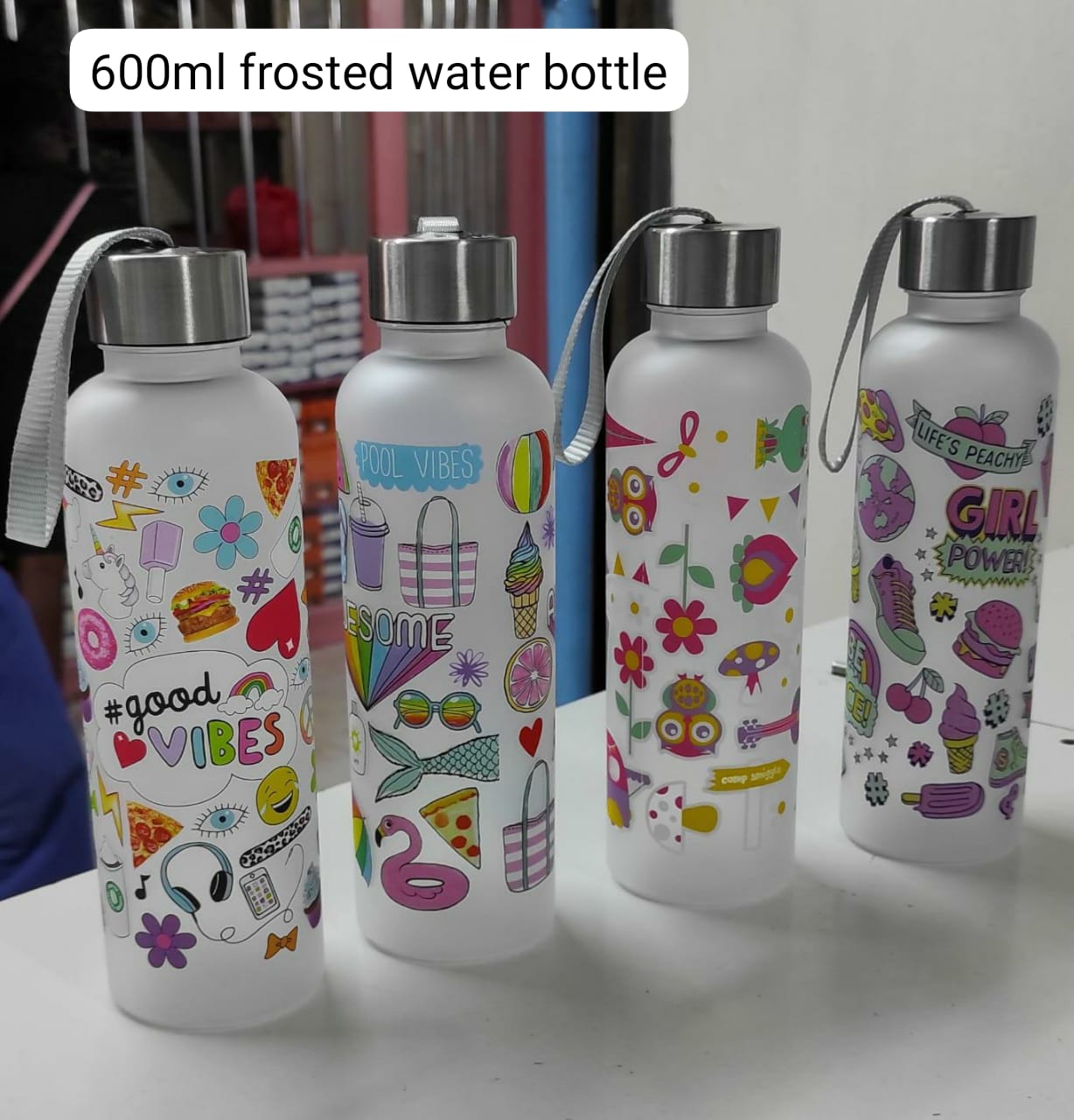Cute 600ml Frosted Patterned Water Bottle, Good Vibes Water Bottle, Kids Water Bottle