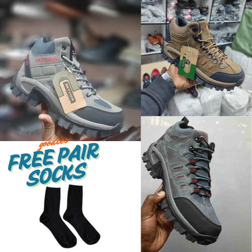 QUALITY SKYVIEW BOOTS WITH FREE PAIR OF SOCKS, OUTDOOR TREKKING AND HIKING BOOTS AT AFFORDABLE PRICES, GREY, BROWN AND GREEN