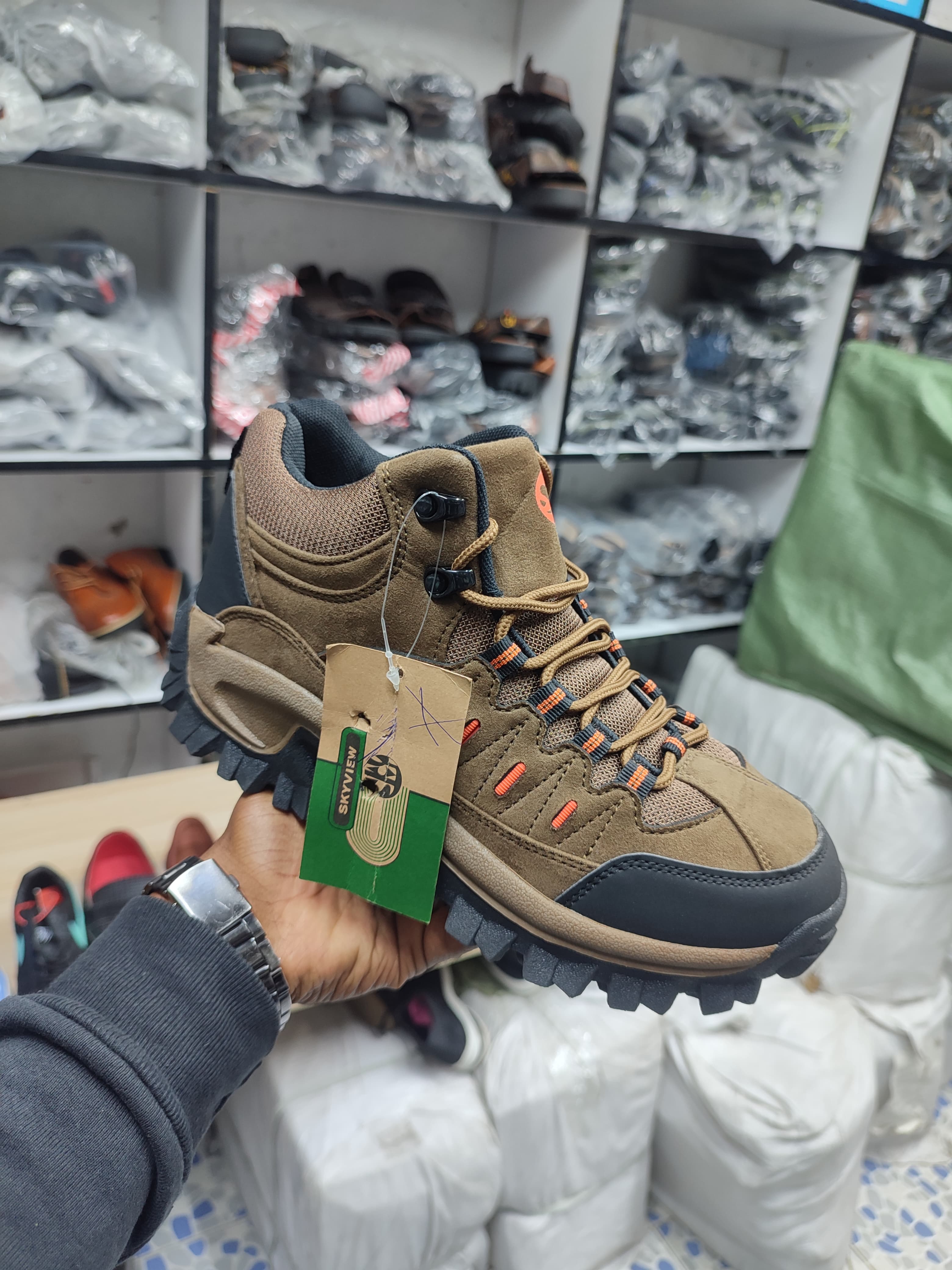 QUALITY SKYVIEW BOOTS WITH FREE PAIR OF SOCKS, OUTDOOR TREKKING AND HIKING BOOTS AT AFFORDABLE PRICES, GREY, BROWN AND GREEN