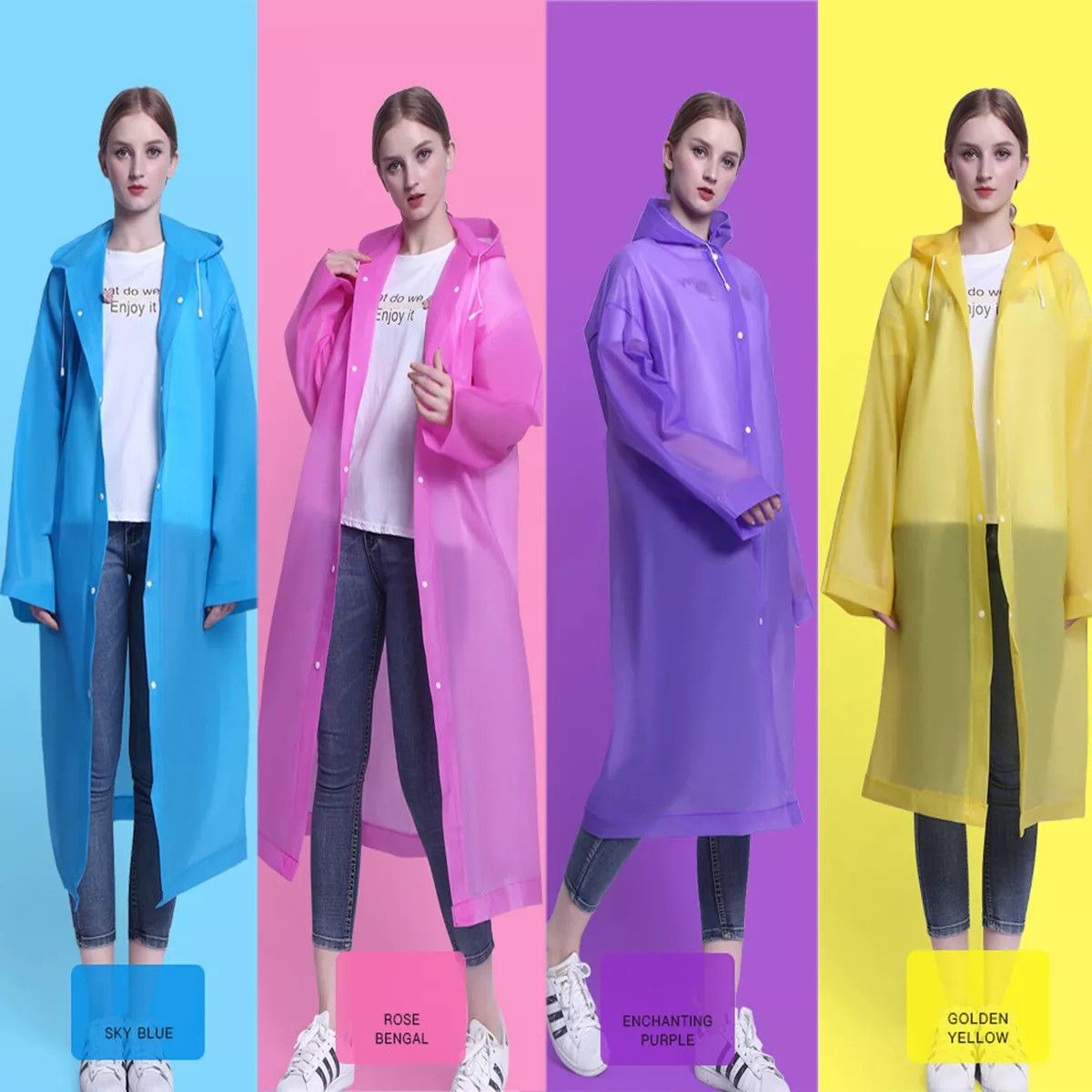 Men and Women Reusable Waterproof Jacket, Button Hooded Raincoat, unisex light weight Rainwear, Rain Coat with Poncho, EVA adult rain coat, long outdoor adult plastic rain coat.
