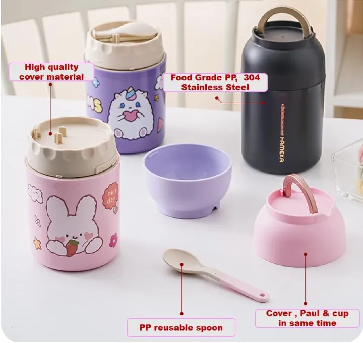 Thermos Food Flask 600ml, thermos lunch box with spoon, soup flask, Stainless Steel Wall, insulated food jar for Kids, insulated lunch box for School, flask food jar (Purple, black and pink color)