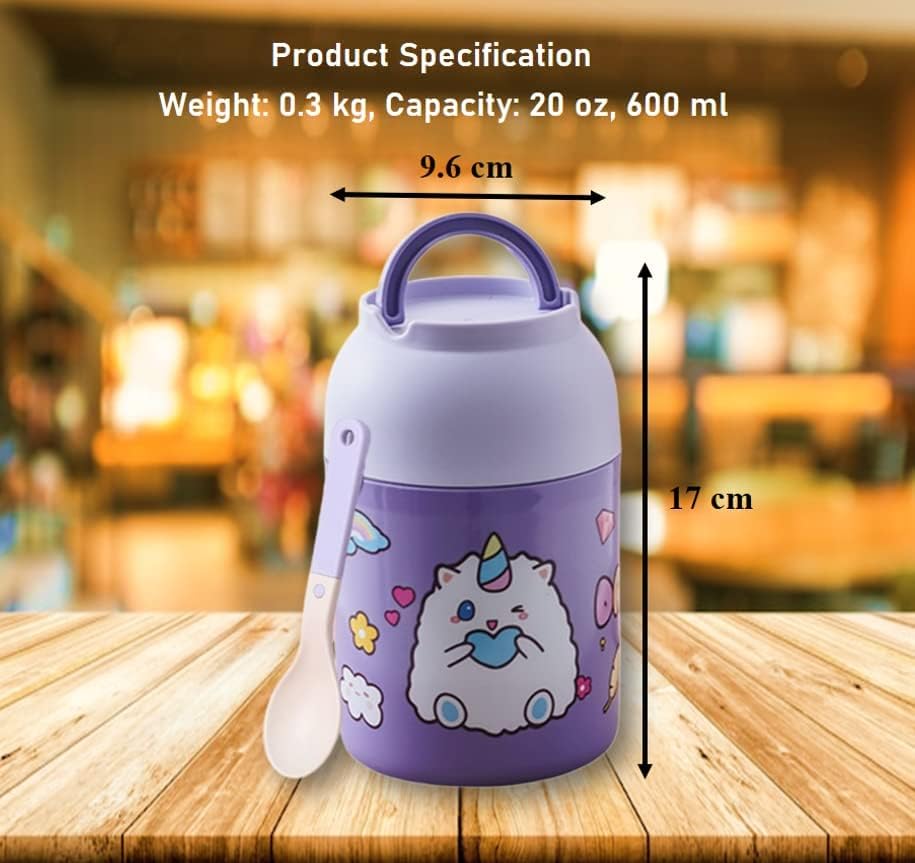 Thermos Food Flask 600ml, thermos lunch box with spoon, soup flask, Stainless Steel Wall, insulated food jar for Kids, insulated lunch box for School, flask food jar (Purple, black and pink color)
