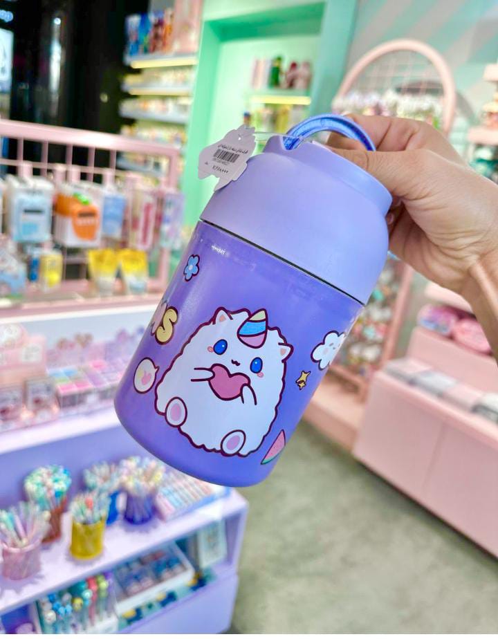 Thermos Food Flask 600ml, thermos lunch box with spoon, soup flask, Stainless Steel Wall, insulated food jar for Kids, insulated lunch box for School, flask food jar (Purple, black and pink color)