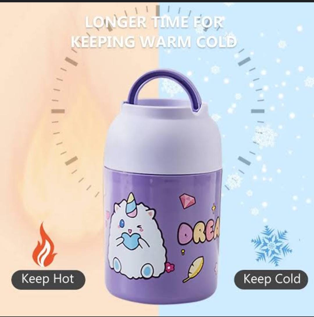 Thermos Food Flask 600ml, thermos lunch box with spoon, soup flask, Stainless Steel Wall, insulated food jar for Kids, insulated lunch box for School, flask food jar (Purple, black and pink color)