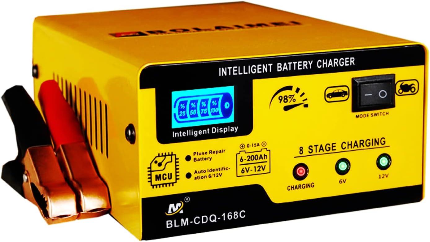 Portable Intelligent Automatic Car Battery Charger for 12V and 6V Batteries with 15A Output Capacity, Ideal for Automotive Maintenance and Charging Needs