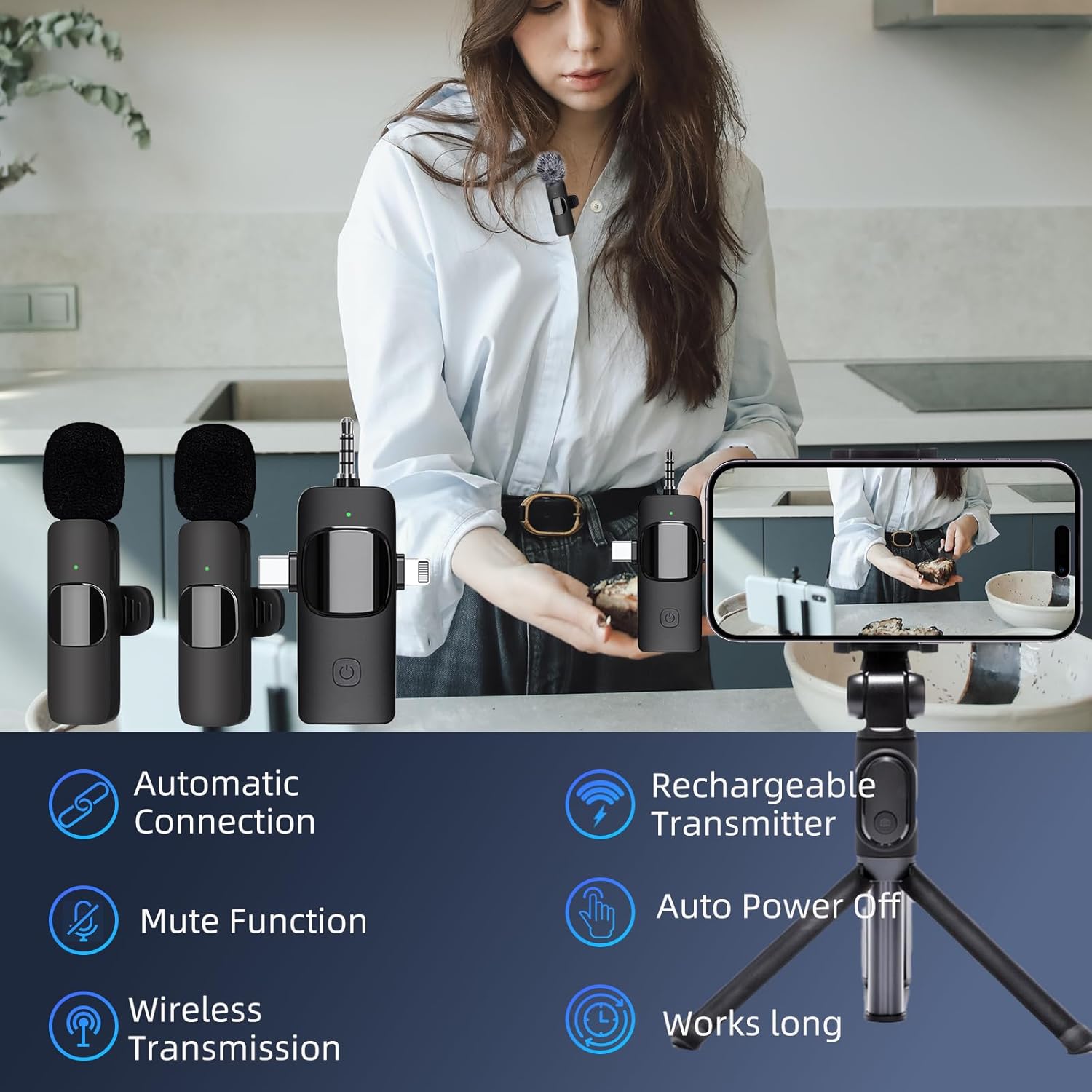 Mobile Vlogging Kit: Single Wireless Lavalier Microphone System with Compact Transmitter, Detachable Windshield, and LED Status Indicators