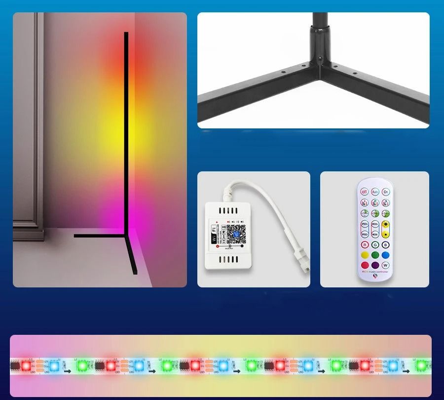 RGB LED Corner Lamp – Modern Minimalist Floor Standing Light with Remote Control & Music Sync for Mood Lighting in Bedrooms & Gaming Spaces