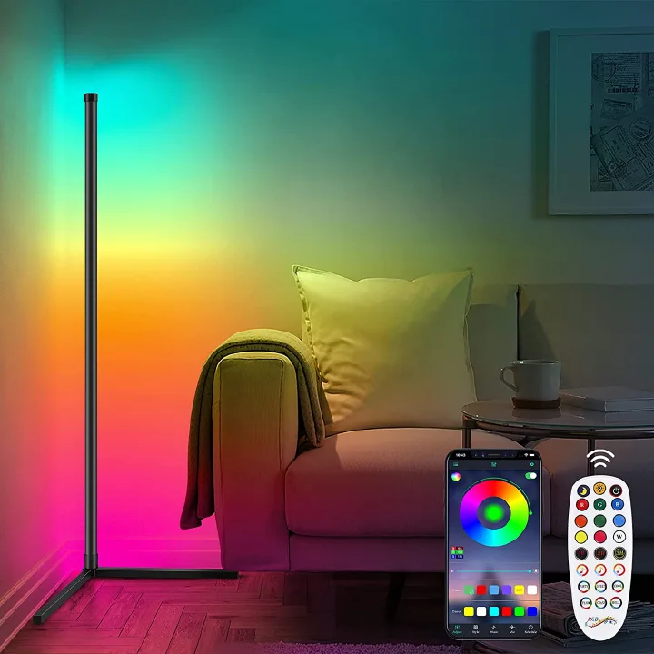 RGB LED Corner Lamp – Modern Minimalist Floor Standing Light with Remote Control & Music Sync for Mood Lighting in Bedrooms & Gaming Spaces