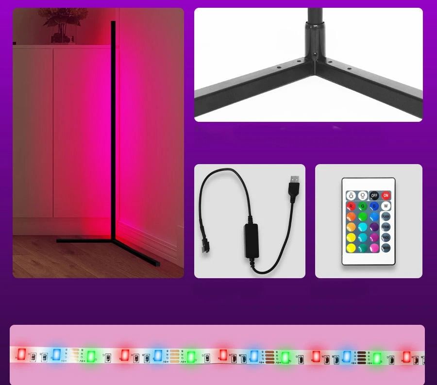 RGB LED Corner Lamp – Modern Minimalist Floor Standing Light with Remote Control & Music Sync for Mood Lighting in Bedrooms & Gaming Spaces