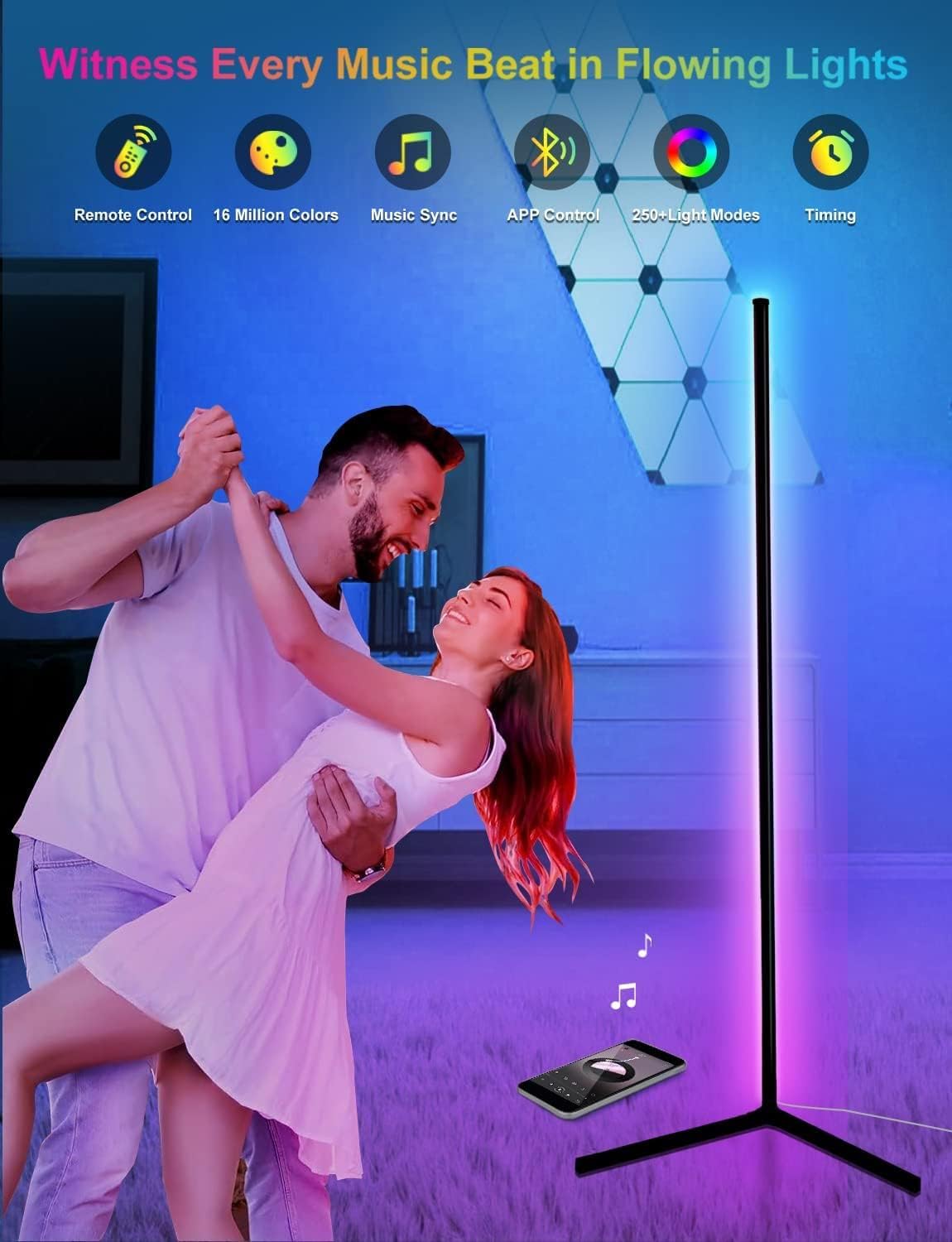 RGB LED Corner Lamp – Modern Minimalist Floor Standing Light with Remote Control & Music Sync for Mood Lighting in Bedrooms & Gaming Spaces