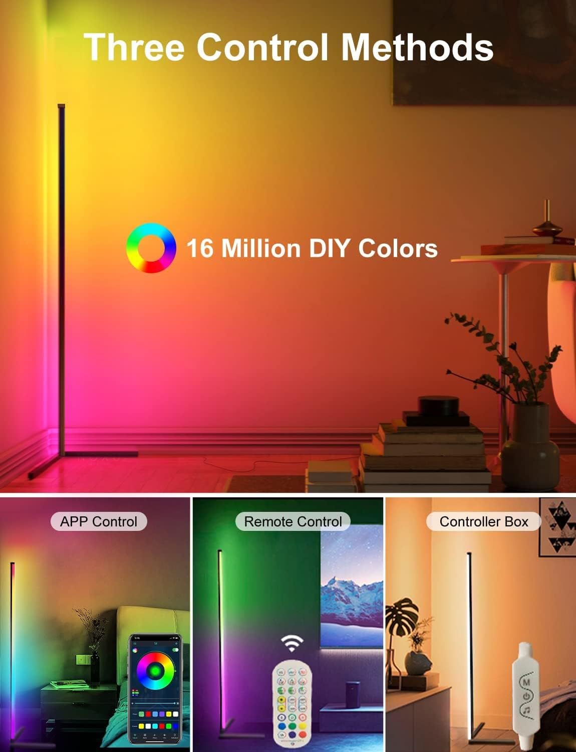 RGB LED Corner Lamp – Modern Minimalist Floor Standing Light with Remote Control & Music Sync for Mood Lighting in Bedrooms & Gaming Spaces