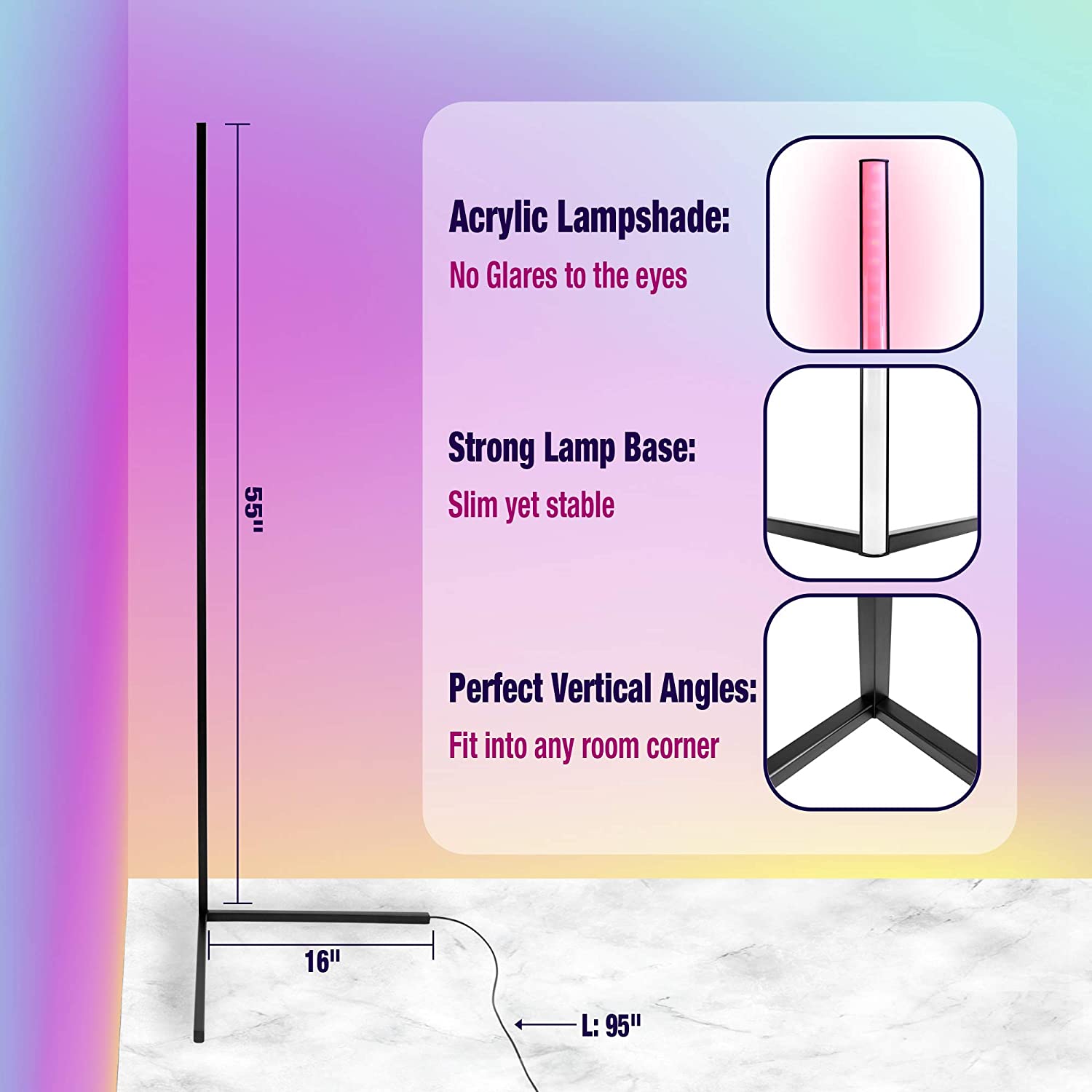 RGB LED Corner Lamp – Modern Minimalist Floor Standing Light with Remote Control & Music Sync for Mood Lighting in Bedrooms & Gaming Spaces