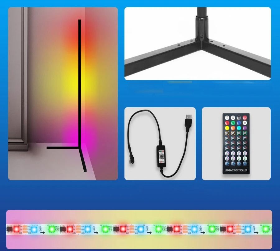 RGB LED Corner Lamp – Modern Minimalist Floor Standing Light with Remote Control & Music Sync for Mood Lighting in Bedrooms & Gaming Spaces