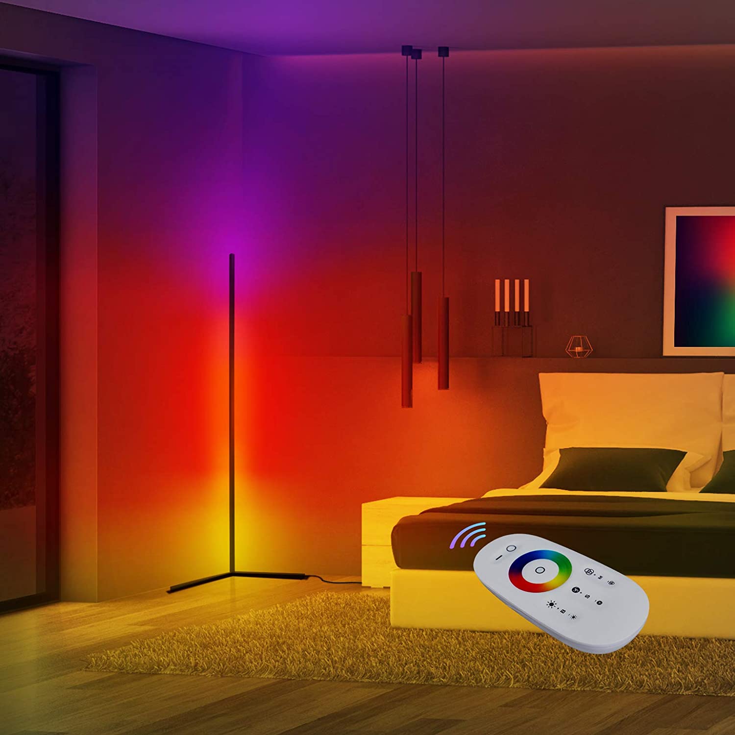 RGB LED Corner Lamp – Modern Minimalist Floor Standing Light with Remote Control & Music Sync for Mood Lighting in Bedrooms & Gaming Spaces