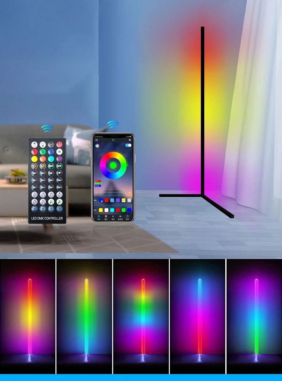 RGB LED Corner Lamp – Modern Minimalist Floor Standing Light with Remote Control & Music Sync for Mood Lighting in Bedrooms & Gaming Spaces