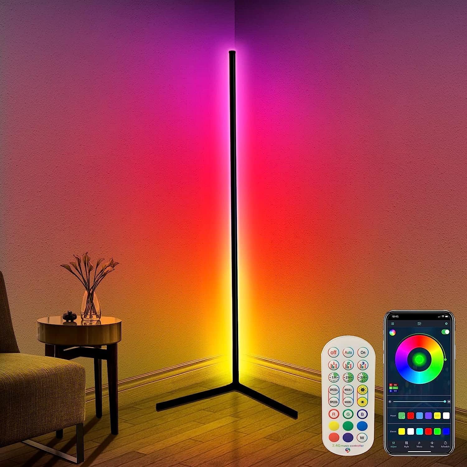 RGB LED Corner Lamp – Modern Minimalist Floor Standing Light with Remote Control & Music Sync for Mood Lighting in Bedrooms & Gaming Spaces